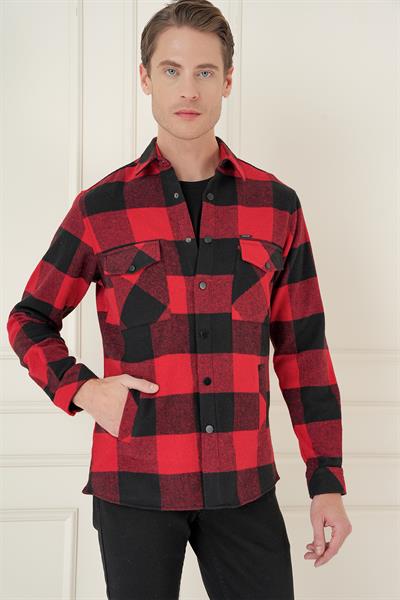 Slim Fit Kapaklı Cep Ekoseli Kırmızı Siyah Yünlü Oduncu Gömlek G 1579