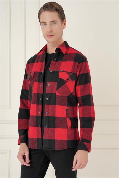 Slim Fit Kapaklı Cep Ekoseli Kırmızı Siyah Yünlü Oduncu Gömlek G 1579