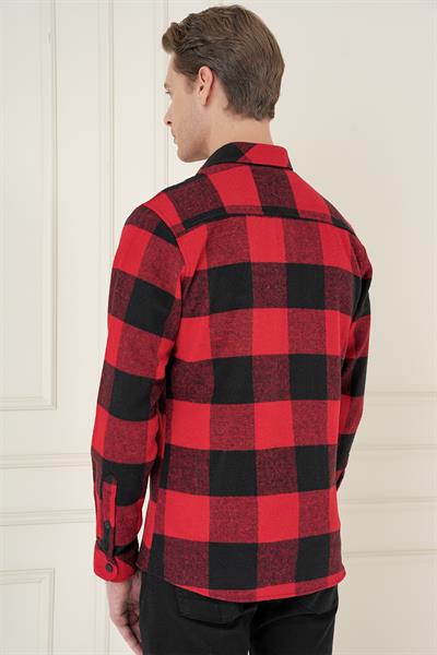 Slim Fit Kapaklı Cep Ekoseli Kırmızı Siyah Yünlü Oduncu Gömlek G 1579