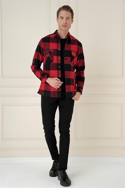 Slim Fit Kapaklı Cep Ekoseli Kırmızı Siyah Yünlü Oduncu Gömlek G 1579