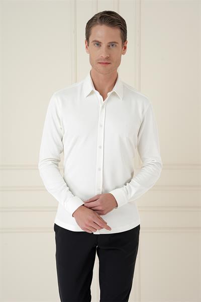 Slim Fit Spor Yaka Cepsiz Pamuklu Ekru Gömlek G 1580