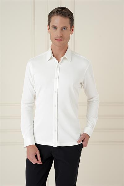 Slim Fit Spor Yaka Cepsiz Pamuklu Ekru Gömlek G 1580