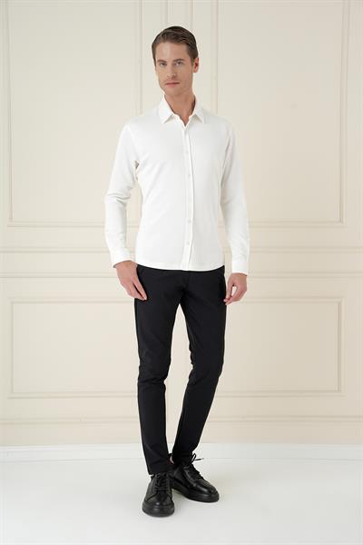 Slim Fit Spor Yaka Cepsiz Pamuklu Ekru Gömlek G 1580