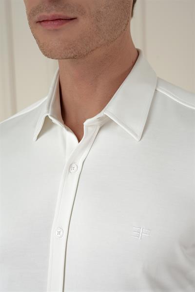 Slim Fit Spor Yaka Cepsiz Pamuklu Ekru Gömlek G 1580