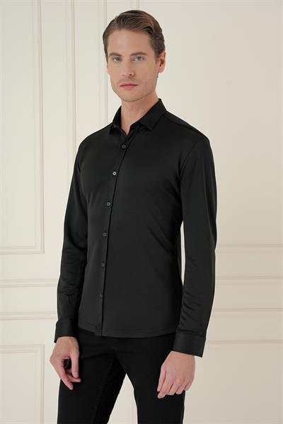 Slim Fit Spor Yaka Cepsiz Pamuklu Siyah Gömlek G 1580