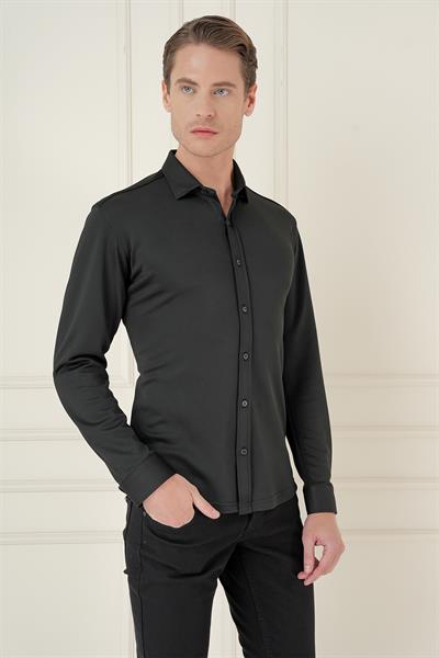 Slim Fit Spor Yaka Cepsiz Pamuklu Siyah Gömlek G 1580