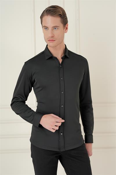 Slim Fit Spor Yaka Cepsiz Pamuklu Siyah Gömlek G 1580