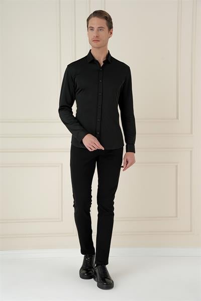 Slim Fit Spor Yaka Cepsiz Pamuklu Siyah Gömlek G 1580