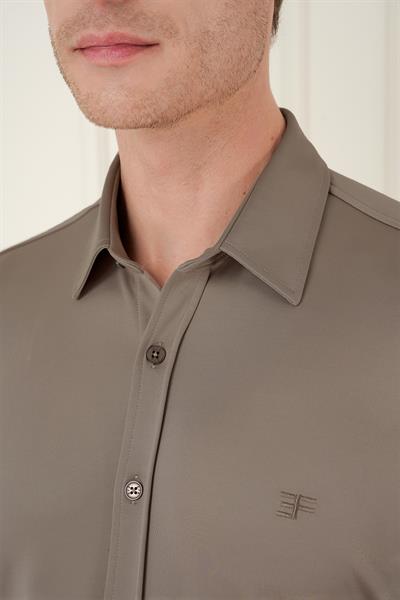Slim Fit Spor Yaka Cepsiz Pamuklu Vizon Gömlek G 1580