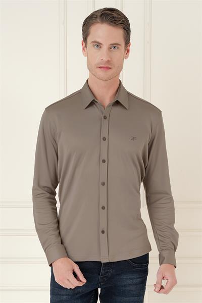 Slim Fit Spor Yaka Cepsiz Pamuklu Vizon Gömlek G 1580