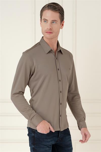 Slim Fit Spor Yaka Cepsiz Pamuklu Vizon Gömlek G 1580