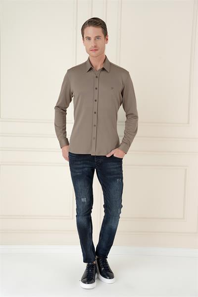 Slim Fit Spor Yaka Cepsiz Pamuklu Vizon Gömlek G 1580