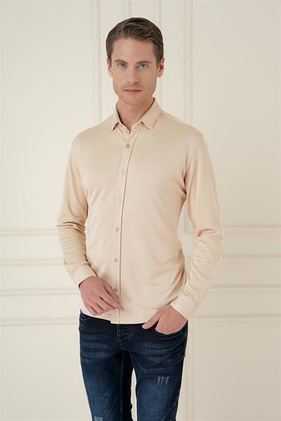 G 1583 Slim Fit Bej Klasik Gömlek