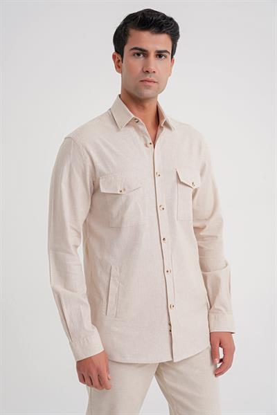 Comfort Kalıp Kapaklı Cep İnce Çizgili Esnek Pamuk Bej Gömlek G 1597