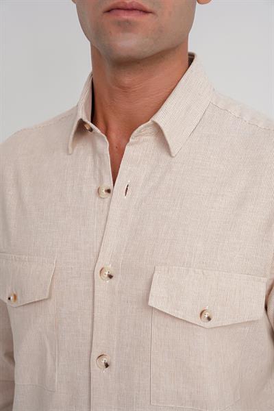 Comfort Kalıp Kapaklı Cep İnce Çizgili Esnek Pamuk Bej Gömlek G 1597