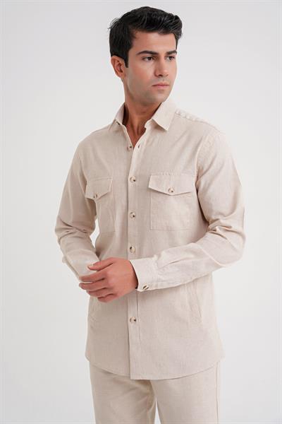 Comfort Kalıp Kapaklı Cep İnce Çizgili Esnek Pamuk Bej Gömlek G 1597