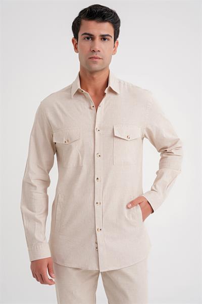 Comfort Kalıp Kapaklı Cep İnce Çizgili Esnek Pamuk Bej Gömlek G 1597