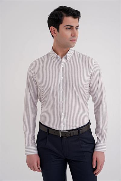 Slim Fit Düğmeli Yaka Esnek Pamuk Çizgili Bej Gömlek G 1598