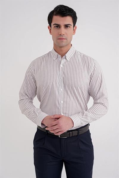 Slim Fit Düğmeli Yaka Esnek Pamuk Çizgili Bej Gömlek G 1598