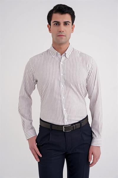Slim Fit Düğmeli Yaka Esnek Pamuk Çizgili Bej Gömlek G 1598