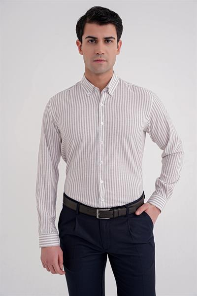 Slim Fit Düğmeli Yaka Esnek Pamuk Çizgili Bej Gömlek G 1598