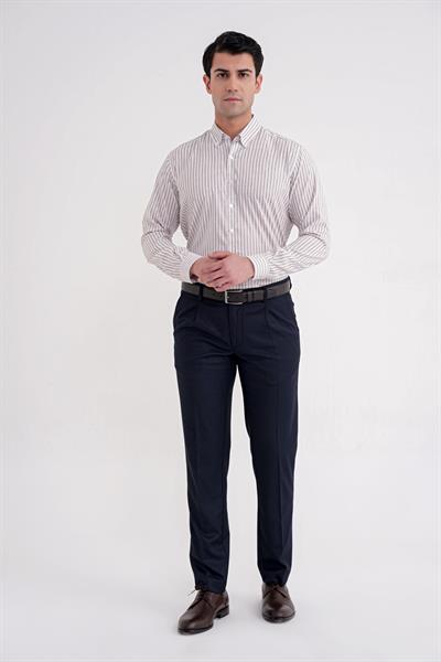 Slim Fit Düğmeli Yaka Esnek Pamuk Çizgili Bej Gömlek G 1598