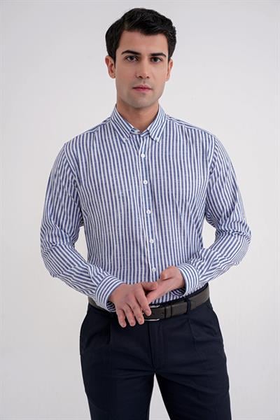 Slim Fit Düğmeli Yaka Esnek Pamuk Çizgili Lacivert Gömlek G 1598