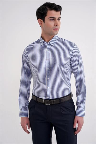 Slim Fit Düğmeli Yaka Esnek Pamuk Çizgili Lacivert Gömlek G 1598