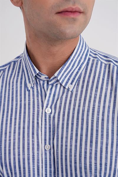 Slim Fit Düğmeli Yaka Esnek Pamuk Çizgili Lacivert Gömlek G 1598
