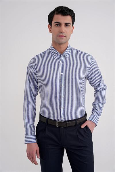 Slim Fit Düğmeli Yaka Esnek Pamuk Çizgili Lacivert Gömlek G 1598