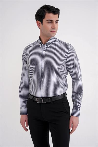 Slim Fit Düğmeli Yaka Esnek Pamuk Çizgili Siyah Gömlek G 1598