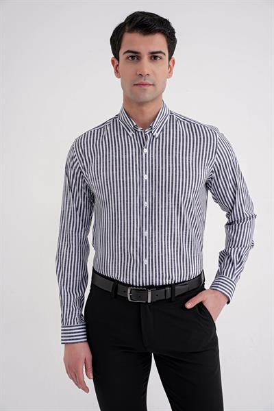 Slim Fit Düğmeli Yaka Esnek Pamuk Çizgili Siyah Gömlek G 1598