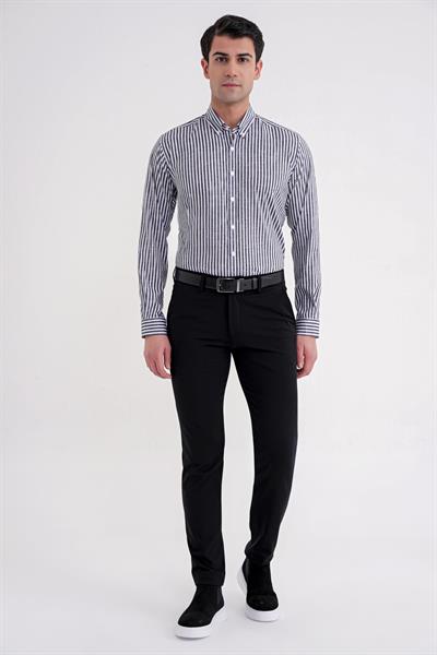 Slim Fit Düğmeli Yaka Esnek Pamuk Çizgili Siyah Gömlek G 1598