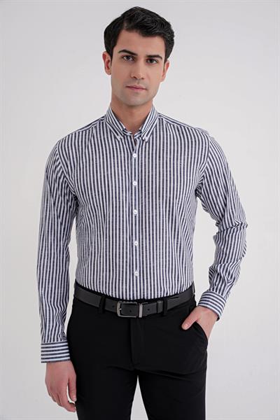 Slim Fit Düğmeli Yaka Esnek Pamuk Çizgili Siyah Gömlek G 1598