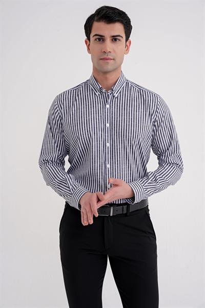 Slim Fit Düğmeli Yaka Esnek Pamuk Çizgili Siyah Gömlek G 1598
