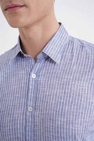 Slim Fit Klapa Yaka Esnek Pamuklu Gri Çizgili Gömlek G 1599