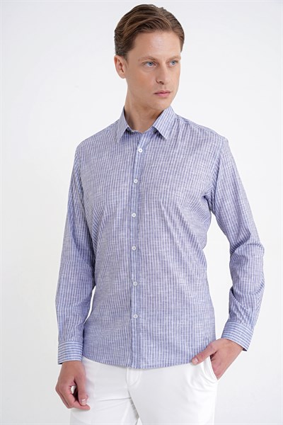Slim Fit Klapa Yaka Esnek Pamuklu Gri Çizgili Gömlek G 1599