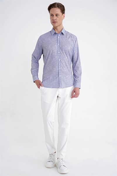 Slim Fit Klapa Yaka Esnek Pamuklu Gri Çizgili Gömlek G 1599