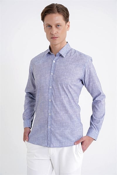 Slim Fit Klapa Yaka Esnek Pamuklu Gri Çizgili Gömlek G 1599