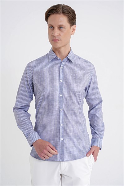 Slim Fit Klapa Yaka Esnek Pamuklu Gri Çizgili Gömlek G 1599