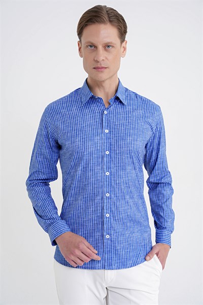 Slim Fit Klapa Yaka Esnek Pamuklu Koyu Mavi Çizgili Gömlek G 1599