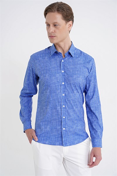 Slim Fit Klapa Yaka Esnek Pamuklu Koyu Mavi Çizgili Gömlek G 1599