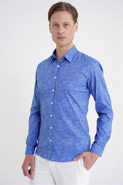 Slim Fit Klapa Yaka Esnek Pamuklu Koyu Mavi Çizgili Gömlek G 1599