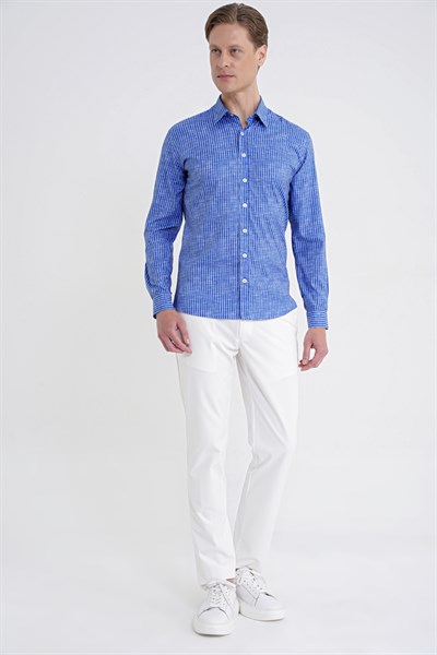 Slim Fit Klapa Yaka Esnek Pamuklu Koyu Mavi Çizgili Gömlek G 1599