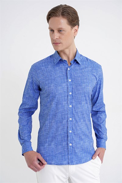 Slim Fit Klapa Yaka Esnek Pamuklu Koyu Mavi Çizgili Gömlek G 1599