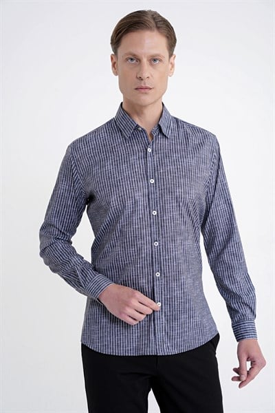 Slim Fit Klapa Yaka Esnek Pamuklu Siyah Çizgili Gömlek G 1599
