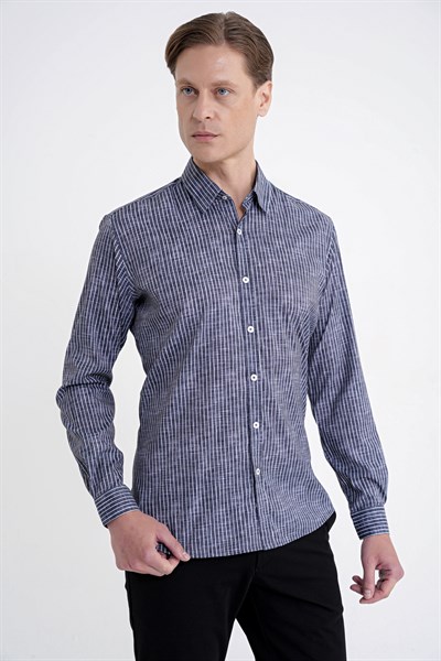 Slim Fit Klapa Yaka Esnek Pamuklu Siyah Çizgili Gömlek G 1599