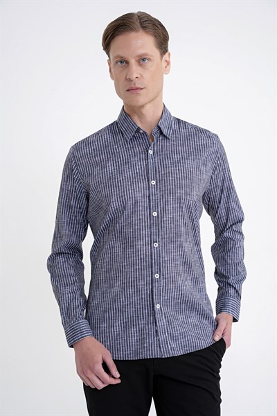 Slim Fit Klapa Yaka Esnek Pamuklu Siyah Çizgili Gömlek G 1599