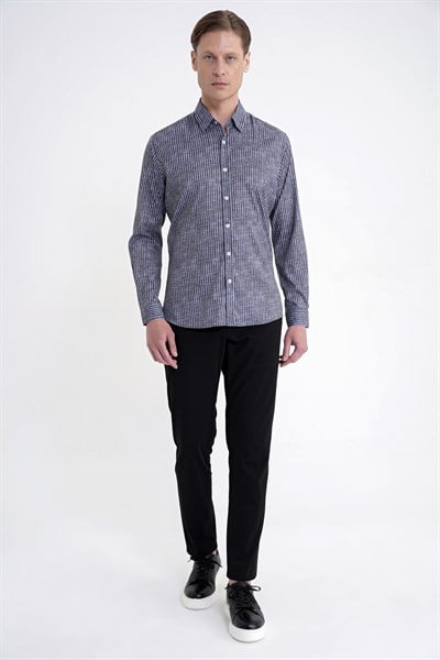 Slim Fit Klapa Yaka Esnek Pamuklu Siyah Çizgili Gömlek G 1599
