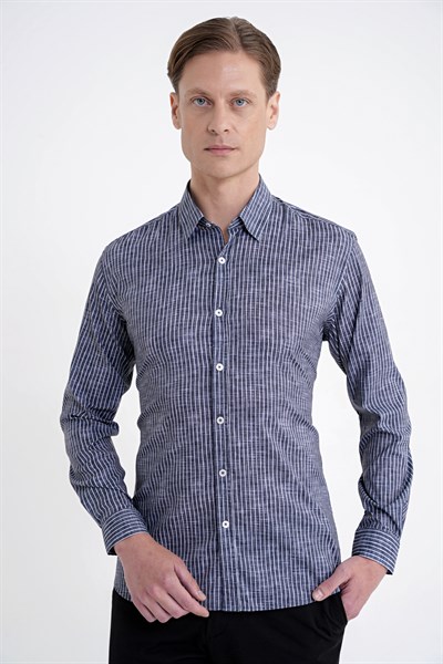 Slim Fit Klapa Yaka Esnek Pamuklu Siyah Çizgili Gömlek G 1599